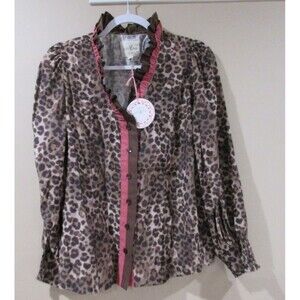 NWT UMGEE Button Down Blouse Women M Brown Leopard Print MSRP 59.00